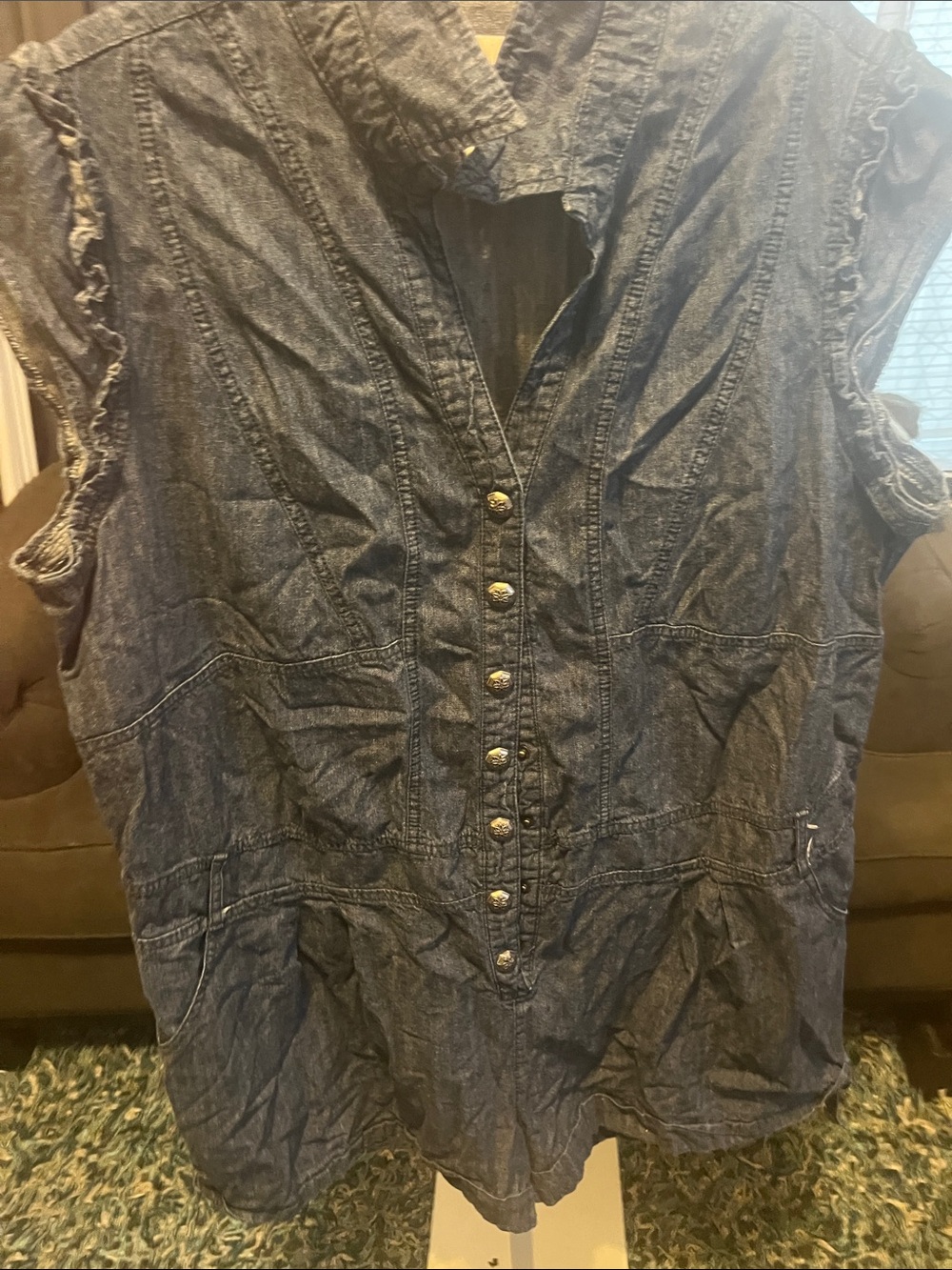 Sleeveless Dark Indigo Denim Button Front Romper.